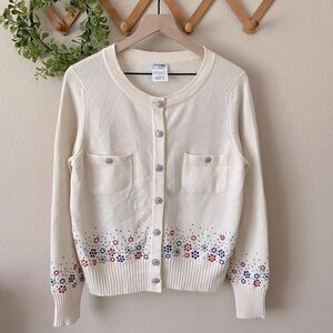 CHANEL | Cream Cardigan with Red Blue Silver Floral Accents Size 34 / Small